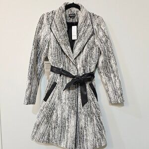 bebe B&W Herringbone Wrap Coat | Size Small |faux Leather Trim Belted Coat | NWT